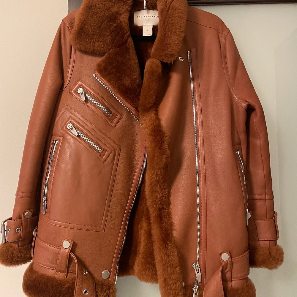 The Arrivals Moya Shearling-Trim Leather Moto Jacket - Rust Brown